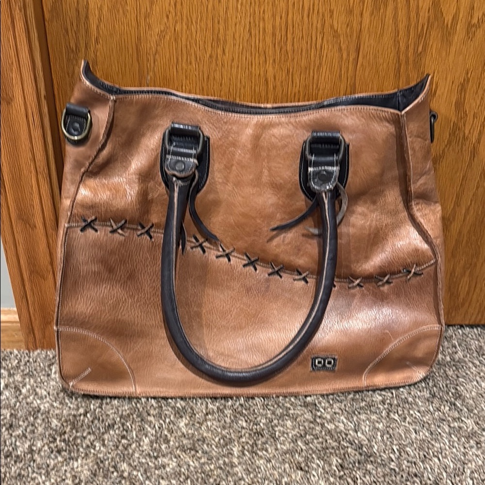 Bed Stu Brown and Black Shoulder Bag with Distressed Leather